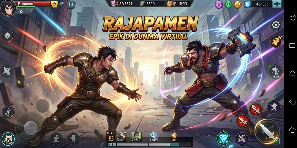 Tampilan seru pertarungan dalam RAJAPAMEN dengan karakter yang unik.