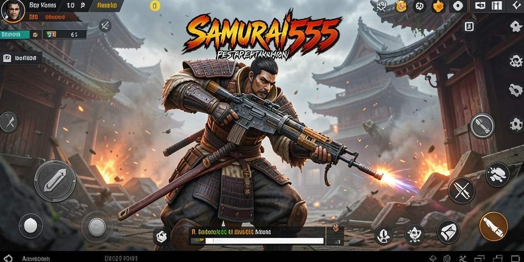 Tampilan epik dari battlefield dalam SAMURAI555 dengan aksi menegangkan.