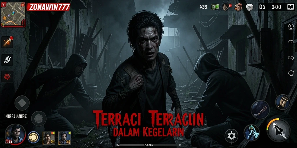 Screenshot gameplay ZONAWIN777 menampilkan suasana horor yang mencekam.